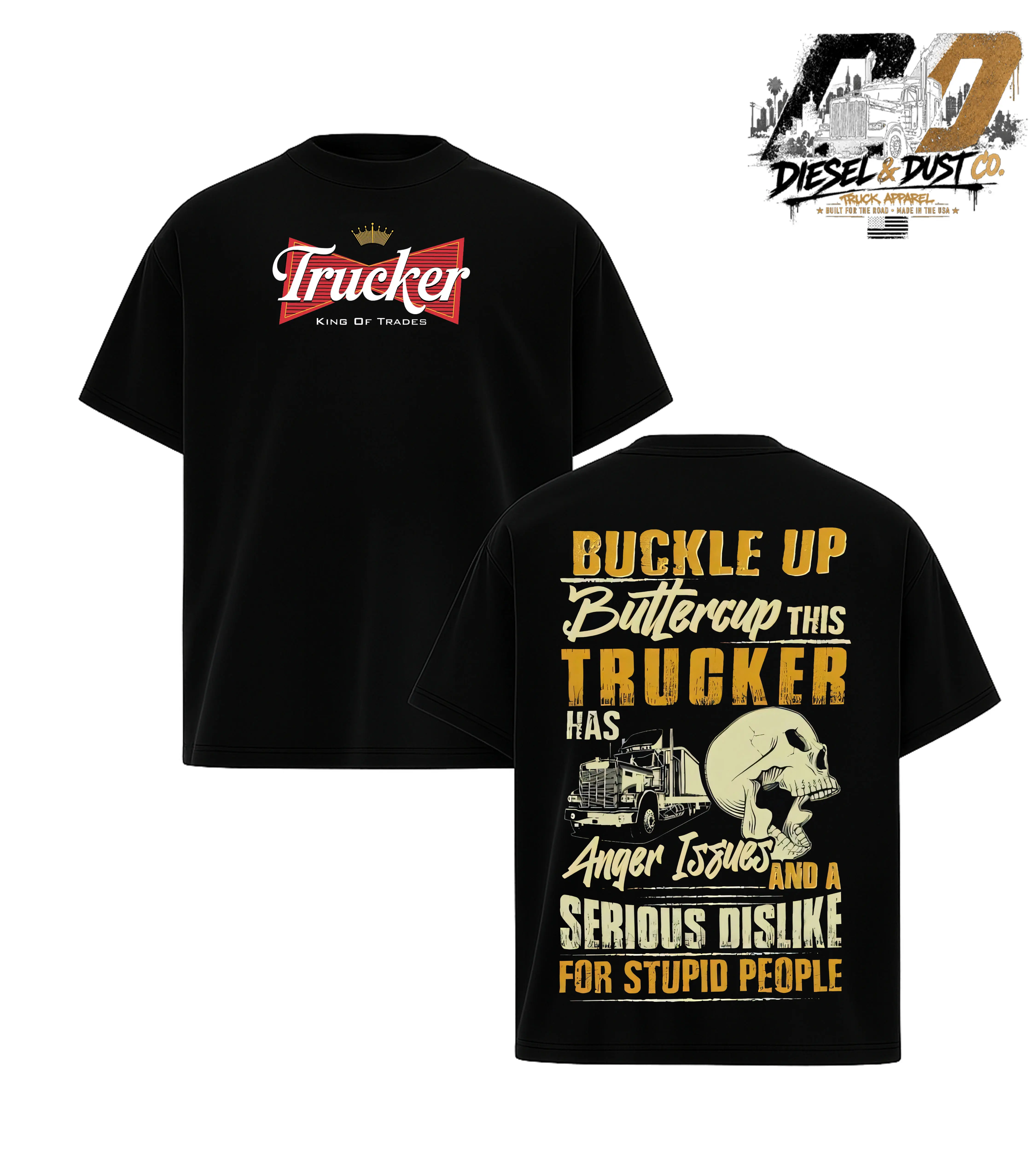 Buckle Up Buttercup This Trucker Skull Truck Driver Shirt, 2-Sided Big Rig Graphic Tee for American Truckers Patriotic USA Diesel Truck T-Shirt Summer Cotton Outfit for Men Y2K Vibe Comfortable Unisex T-Shirt - Casual, Menswear Street Style
