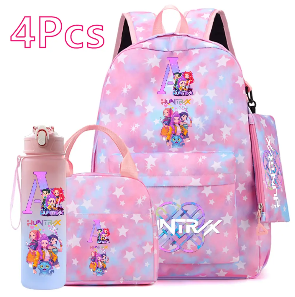 K-Pop Demon Hunters Initial Letter [A-Z] Custom School Backpack Set, 4-Piece Bundle with Bookbag, Lunch Bag, Pencil Case & Water Bottle, Pink Star Aesthetic Student Book Bag