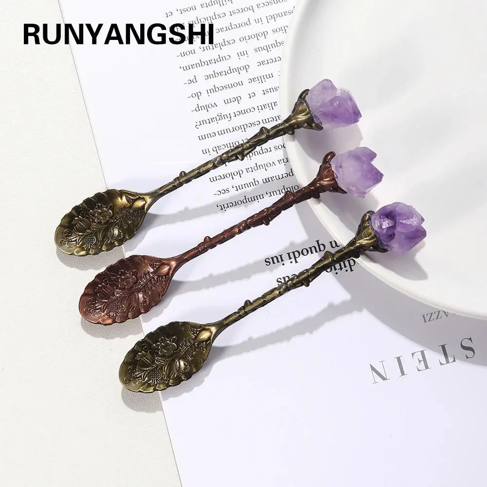 Runyangshi 1-Piece Handmade Unique Natural Crystals Amethyst Cluster Teaspoon - 11cm,15g Chakra Balancing Cutlery with 2cm Crystal Stone for Energy Channeling, Home Meditations, Decor Gift