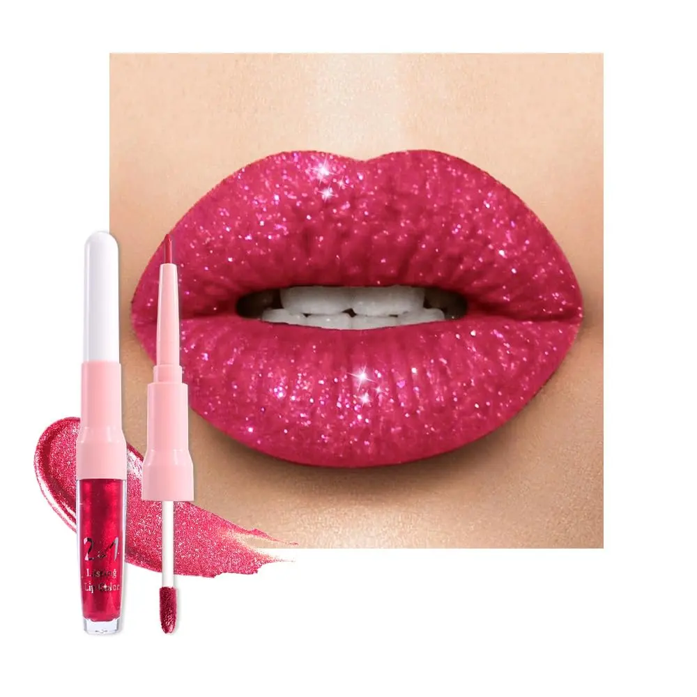 Rose Red Metallic Glitter Lip Liner and Lipstick Combo Lip Gloss Stain Set Makeup for Women Long Lasting Waterproof 24, Non Stick Cup Metal Shine Shimmer Iridescent Liquid Lipstick 25