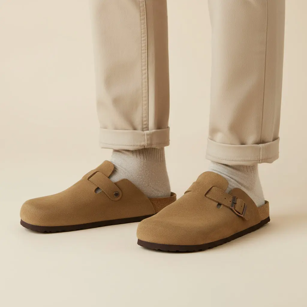 Cushionaire Haze Men's Leather Clog - Soft Genuine Suede Slip-On Shoes for Men with Cushioned Heel Cup and Contoured Cork Footbed