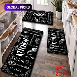 2/3 Piece Flannel Kitchen Mat Set, Chalkboard Design, Non-Slip, Absorbent, Ideal for Kitchen, Dining Room, Hallway, Home Decor Rugs, Washable Kitchen Rugs, Water Absorbent Rug, Kitchen Floor Mat, Decorative Rug Mat #GLOBAL PICKS