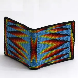 Handmade beaded Native American style genuine leather Men's bifold Wallet/purse - Cyan Blue Fire