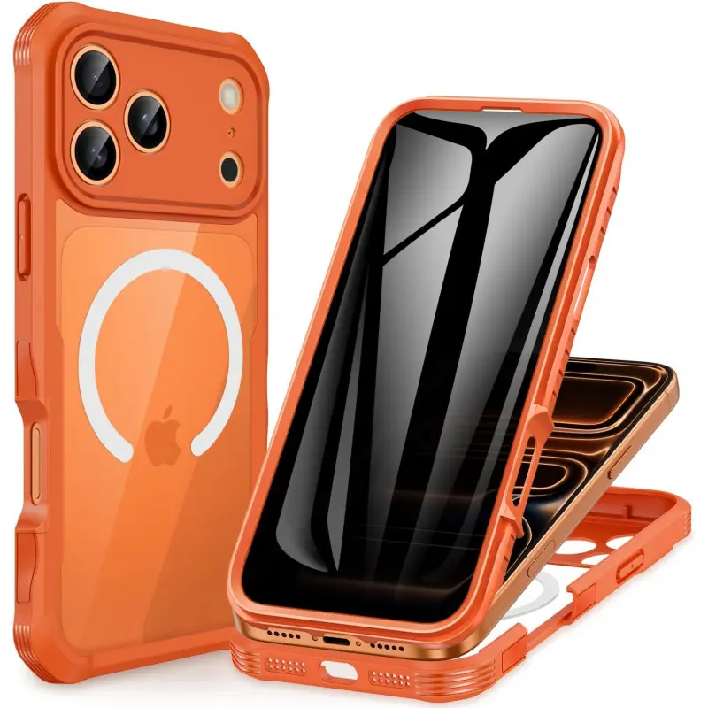 Magnetic Privacy for iPhone 17 Pro Case [Compatible with Magsafe] Full Body Phone Case Built-in 9H Tempered Glass Privacy Screen Protector, Camera Protection Shockproof Bumper Cover -Orange Smartphone Cellphone phone cases tiktokshopbacktoschool