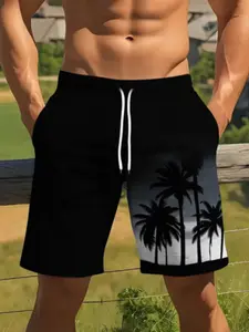 Men's Summer Beach Shorts with Drawstring Waist, Fashion Palm Tree Print, Casual Fitted H-Type Swimwear, Perfect for Vacation, Swimming Shorts