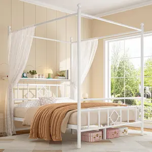 Raybee Vintage Canopy Bed Frame with Storage Headboard, Dual Purpose Queen Size Bed Frame with 4 Removable Posts, Metal Platform Bed Frame with Storage, Dual Purpose, No Box Spring Needed, NO Noise, Full, Twin, White, Black [BlackFridayCyberMonday]