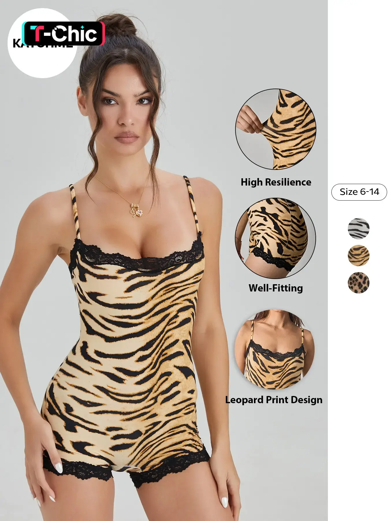 Women's Abstract Tiger Print Lace Trim Soft Leopard Print Jumpsuit, Simple Elastic Sleeveless Shaping Top, Sporty Outdoor Clothing, Stylish Activewear