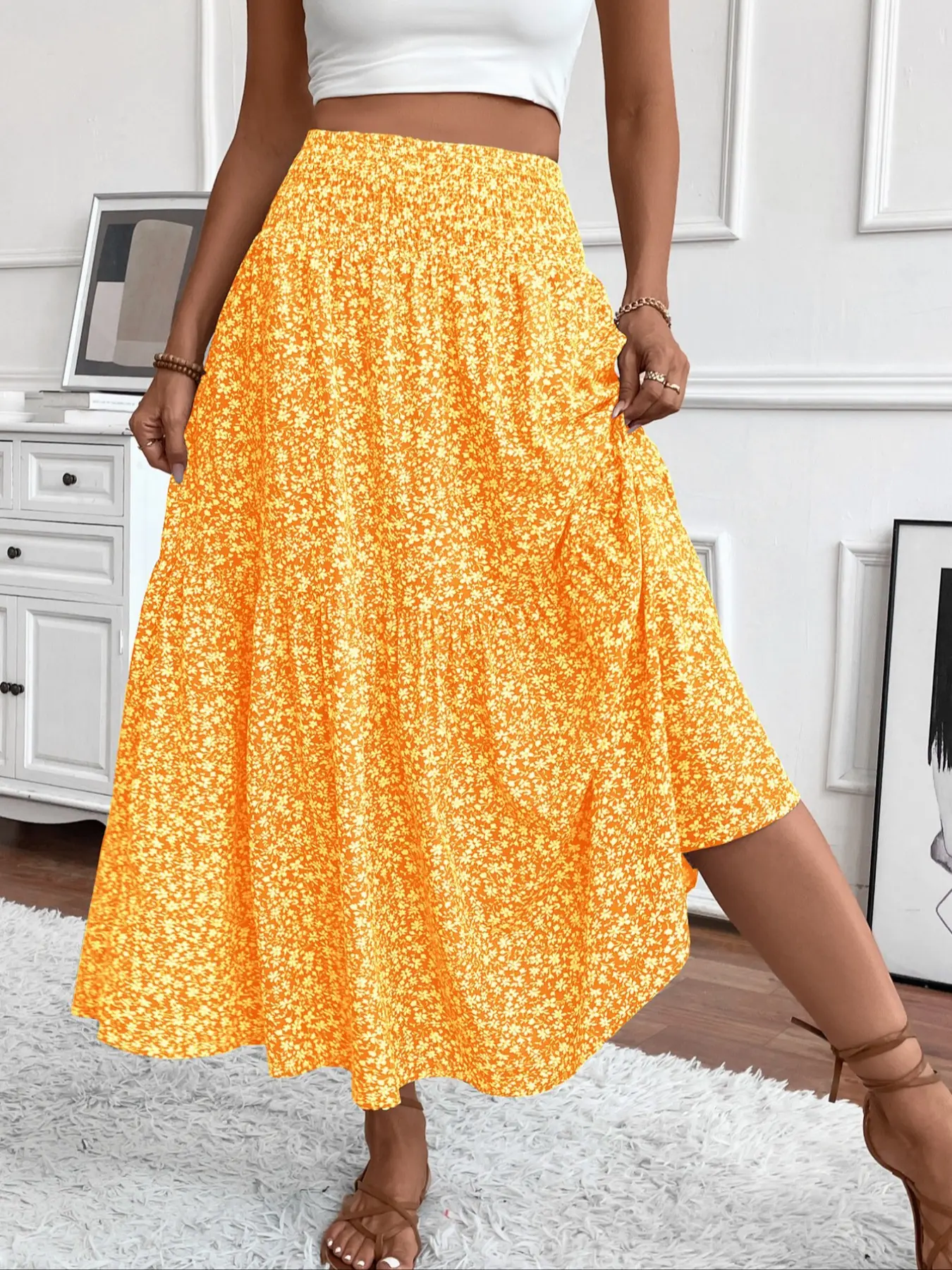 Women's Floral Elastic Waist Pleated Long Floor-Length Skirt, Formal Skirts, Womenswear, Stylish, Elegance and Comfortable, Perfect for Casual and Formal Occasions