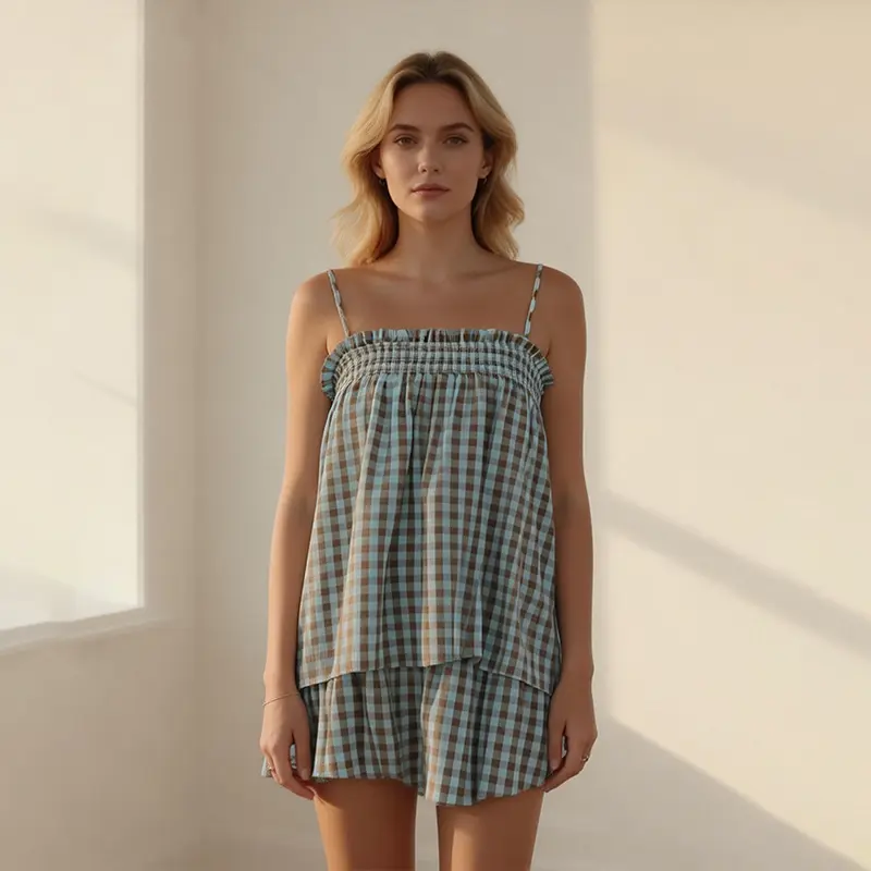 Women's Plaid Gingham Lounge Outfits Ruffle Flowy Tank Tops and  Wide Leg Shorts Sets