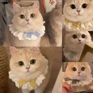 bell style 2Pcs Cute Cat Cotton Lace Scarf Pet Collar, Adorable Dog Bibs with Butterfly Knot Decoration, New Style Pet Accessories for Cats & Dogs