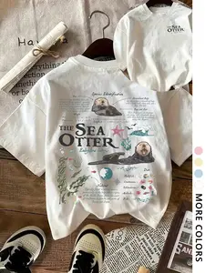Women's Sea Otter & Letter Print Round Neck Tee, Vintage Trendy Casual Knit Short Sleeve T-shirt for Daily Wear, Ladies Summer, Womenswear