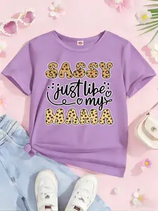 Girls' Leopard Print Sassy Mommy T-Shirt, Soft Breathable Skin-Friendly, Casual Summer Top, Perfect for Daily School and Parent-Child, School Ready