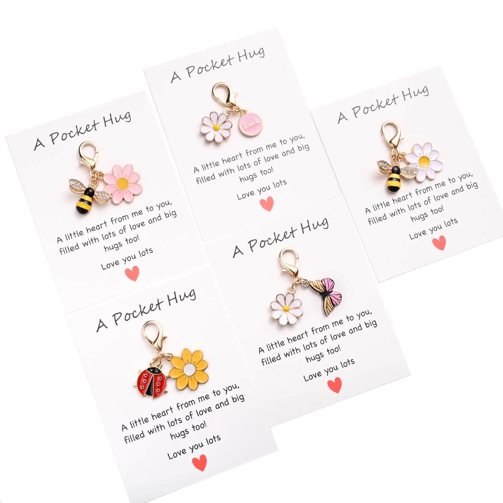 Set of 10  Pocket Hug Favors -Employee Appreciation Gifts Bulk for Coworkers with Exquisite keyring Pun NoteCards Quality Resin Butterfly Ladybird Flower Bee ，FavorsDurable Card YY, Keychain For Car Keys