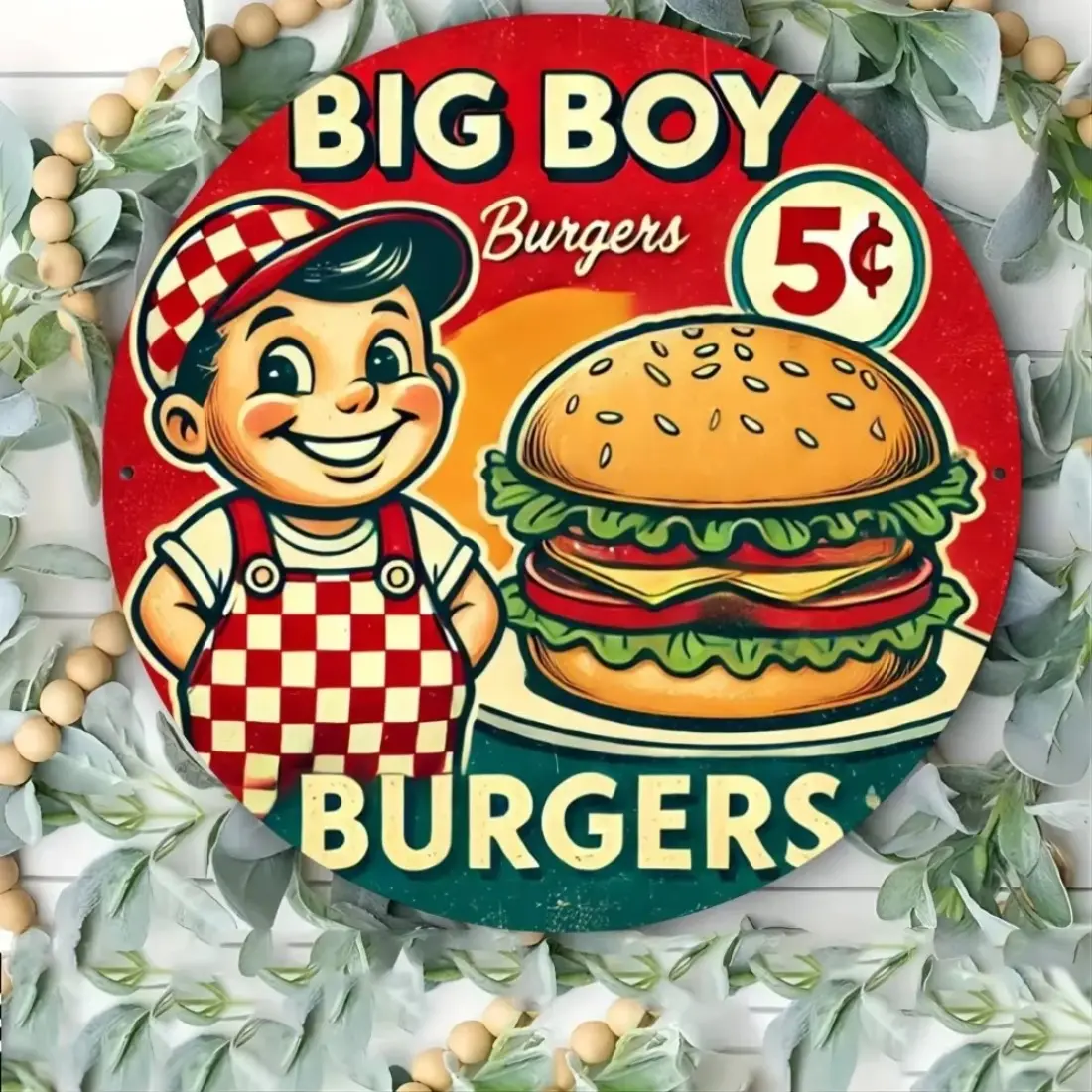Vintage Big Boy Burger Metal Aluminum Sign, 8x8 Inch Decorative Plaque for Kitchen, Dining Room, Home, Garage Wall Art