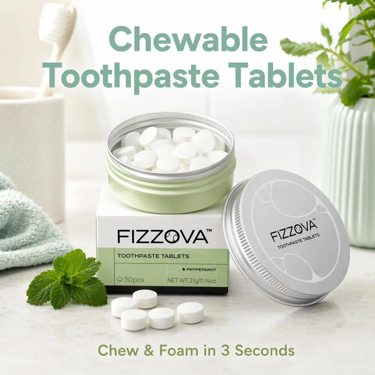 FIZZOVA Oral Toothpaste Tablets, 3s Chew-to-Foam, Whitening, Enamel Repair,travel&outdoor, 90ct(30ct*3)