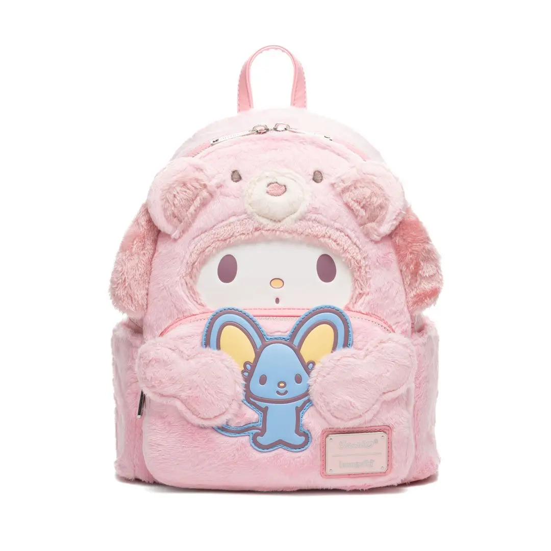 Kawaii Mini Backpack for Casual Wear, Teddy Bear Cosplay Style Bag in Faux Leather and Plush with Applique & Embroidered Details, Kawaii Backpack, Micro Bag, Embroidery, My Melody, Compact, 9” W X 10.5” H X 4.5” D, Character-Forward Design