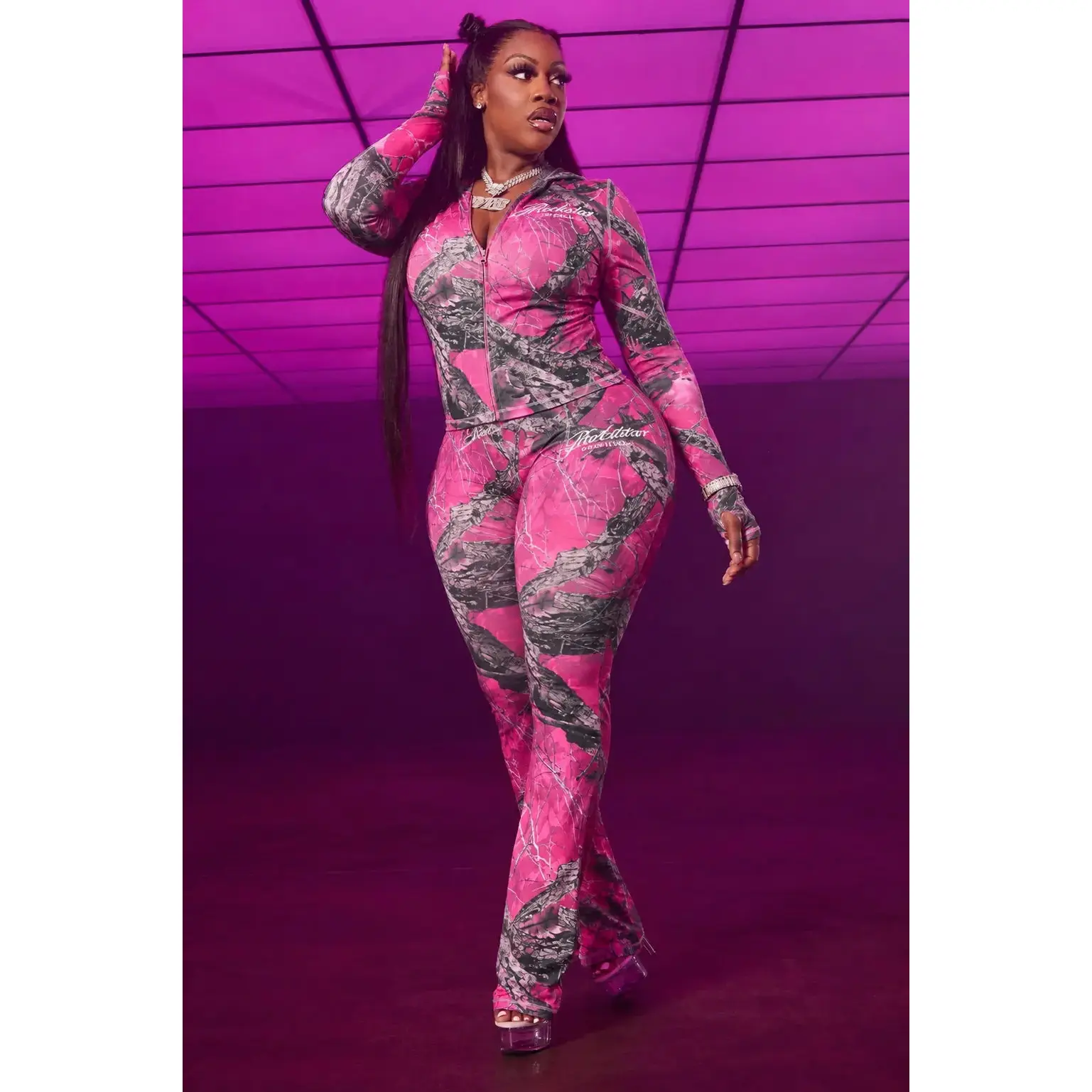 Arzena Dark Pink Tree Camo Zip Up Lounge Track Set