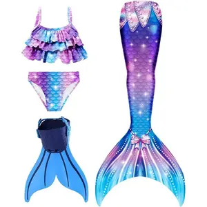 Girls' 3-Piece Mermaid Bikini Swimsuit - Princess Dress Up Costume, Party Costume with Mermaid Tail, Summer Beach Water Sports Swimwear (HEIXAIN-M6)