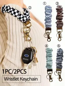 Women's Wrist Keychain Bracelet Holder Keychain Wristlet with Clip, Elastic Band, Car Keys Accessory, Plaid Daisy Stripe Patterns, Gift for Her