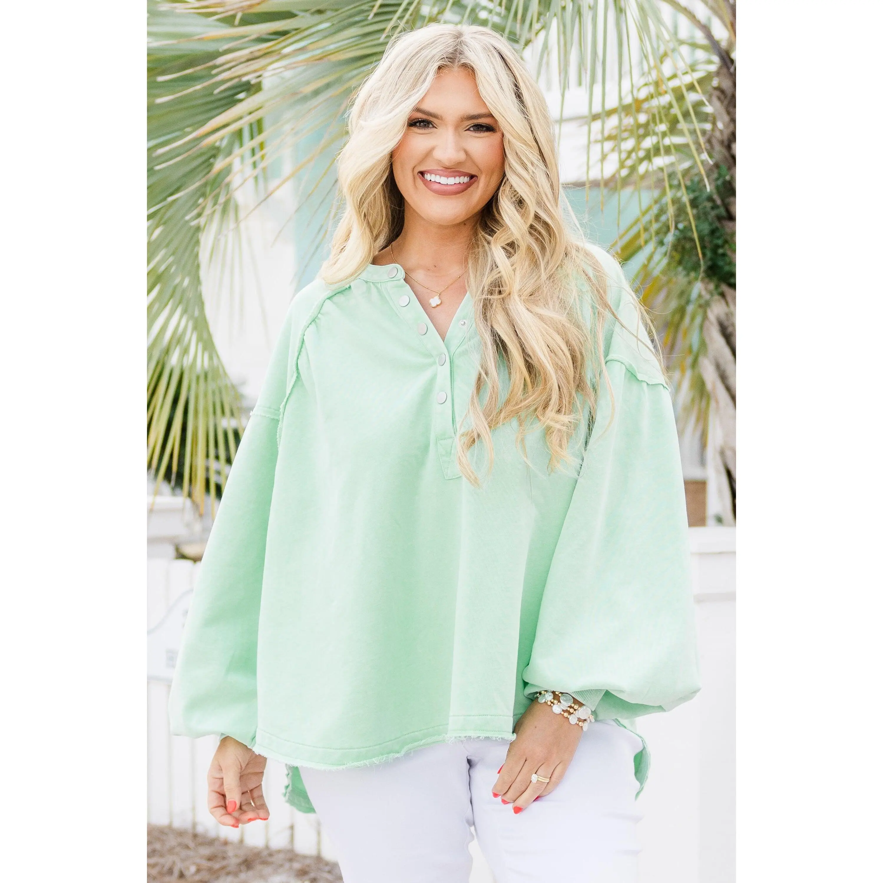 Women's Casual Mint Cotton Blend Hoodie Sweatshirt - Long Sleeve Pullover Top with Exposed Seams, Raw Hem, Clasp Buttons for Lady Daily Wear, Tops, Casual Wear, Cotton‑Poly Blend