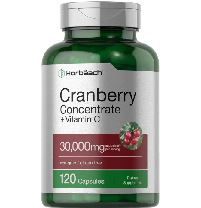 Horbäach Cranberry Concentrate Extract Pills + Vitamin C | 30,000mg | 120 Capsules | Triple Strength Ultimate Potency Formula | Non-GMO and Gluten Free Supplement