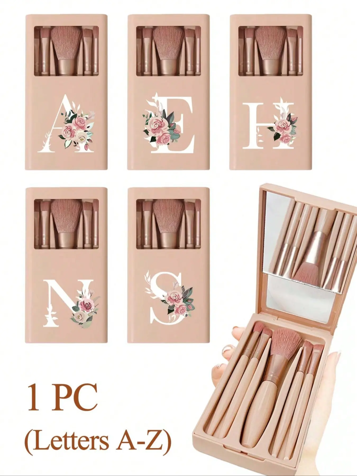 Skin-Tone Portable Makeup Brush Set with Mirror — Flower A–Z Print, Soft Bristles | Travel Mirror Box, Mini Multifunctional Essential Brushes (Foundation, Eyeshadow, Blending) | Organizer Rack | Ideal Beginner & Travel Gift, Beauty Brush Set