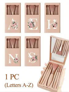 Skin-Tone Portable Makeup Brush Set with Mirror — Cosmetic Brush Set, Flower A–Z Print, Soft Bristles | Travel Mirror Box, Mini Multifunctional Brushes (Foundation, Eyeshadow, Blending) | Organizer Rack | Ideal Beginner & Travel Gift Makeup Brush Kit