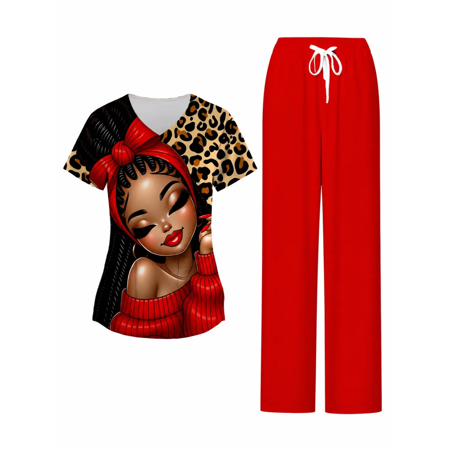 Women’s Scrubs Set V-Neck Short Sleeve Red Top with Leopard Print Graphic + Drawstring Pants Womenswear Clothes