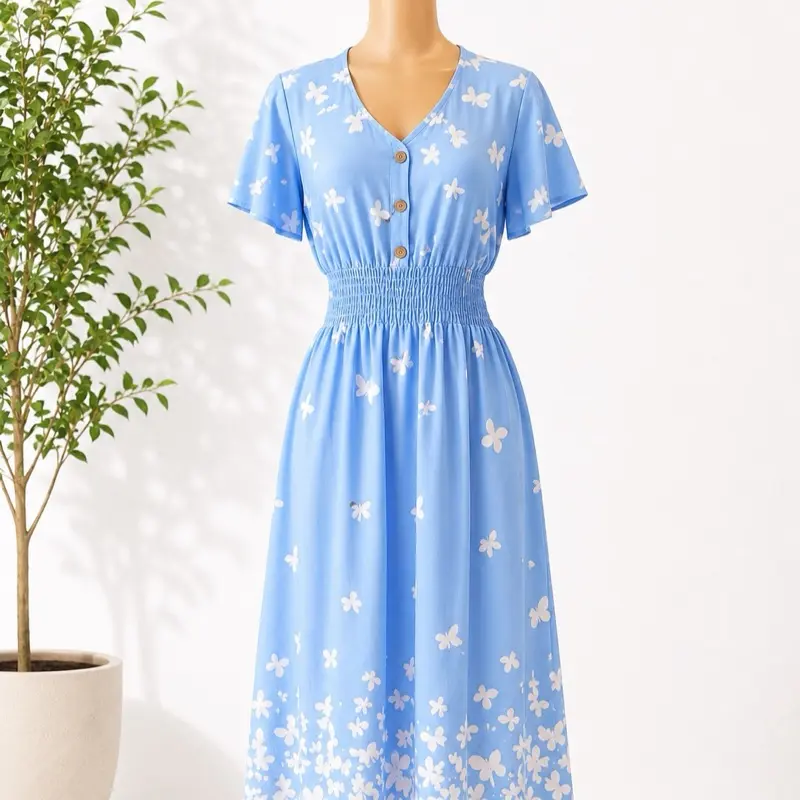 Women's Elegant Blue-White-Pink Butterfly Print V-Neck Smocked Waist Midi Dress, Womenswear for Summer Casual Weekly Wear