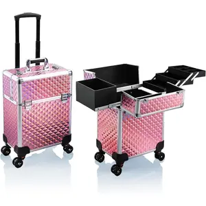 Rolling Makeup Train Case Large Storage Cosmetic Trolley 4 Tray with Sliding Rail Removable Middle Layer with Key Swivel Wheels Salon Barber Case Traveling Cart Trunk