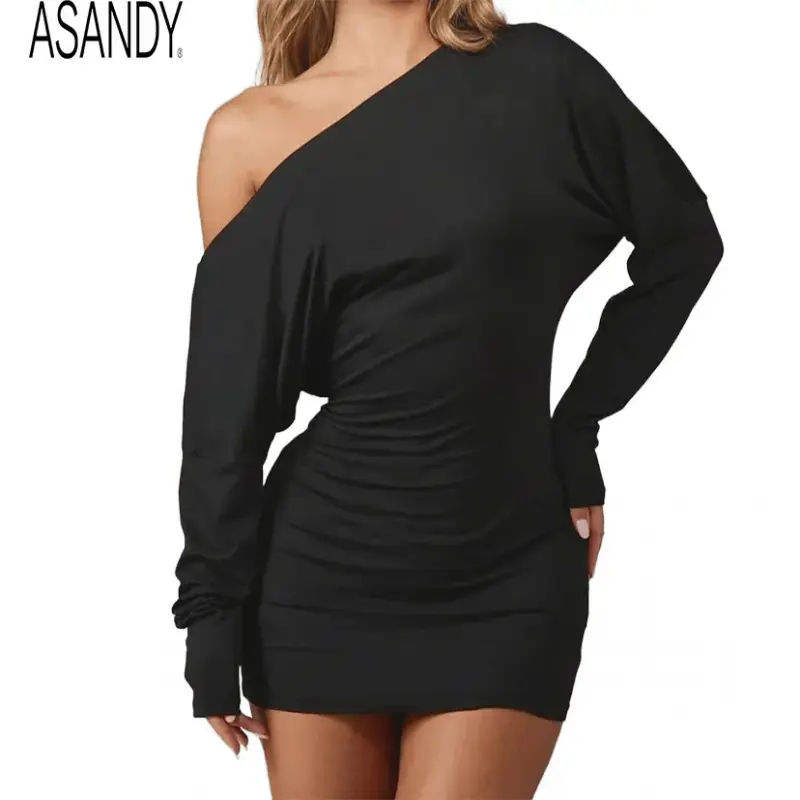 ASANDY Women's 1-Shoulder Ruched Batwing Long-Sleeve Solid Jersey Soft Bodycon Mini Dress - Going Out Outfits, Fall Winter Evening Wear, Black Chic Formal Loungewear, Oversized, Yoga, Fabric, Women's Clothes, Formal Dresses For Women