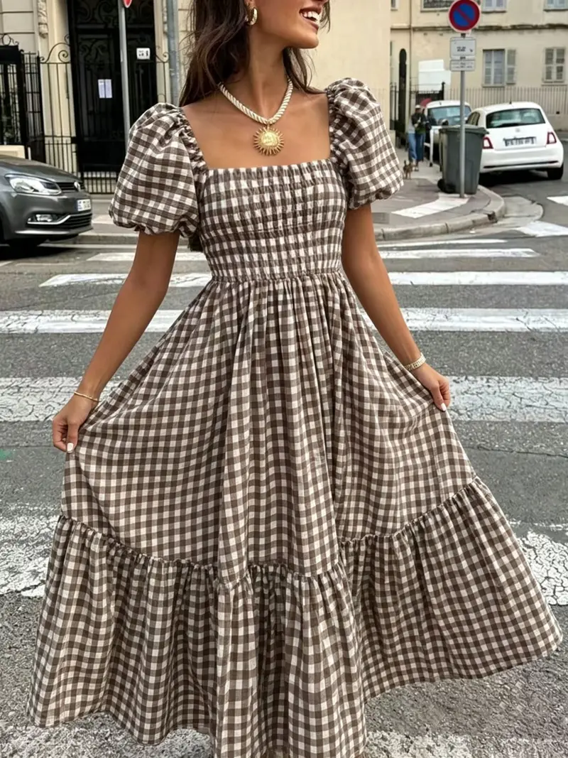 coffee plaid puffed sleeve mini dress Plaid short puff sleeve mini dress – Lakeside Sundry