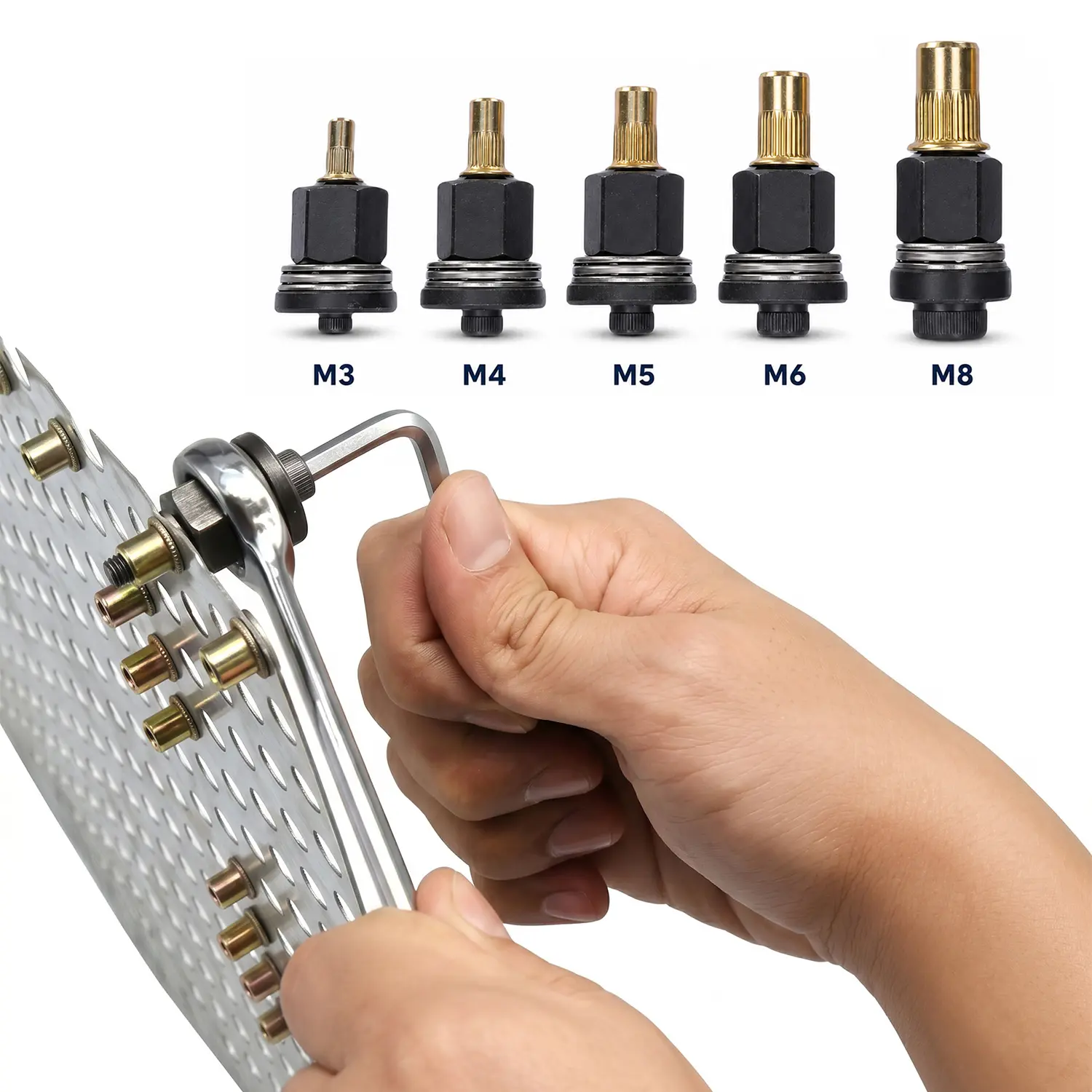 5PCS Rivet Nut Tool Kit, Carbon Steel Drill Attachment, M3 M4 M5 M6 M8 Rivet Nut Kit, Heavy Duty Nutsert Setter Electric Power Mandrel Adapter Hardware, Marine and Industrial Applications