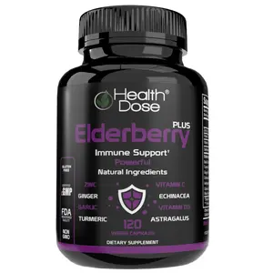 Health Dose Elderberry Plus with Vitamin C, Turmeric & Zinc – 120 Veggie Capsules | Dietary Supplement for Immune & Wellness Support.
