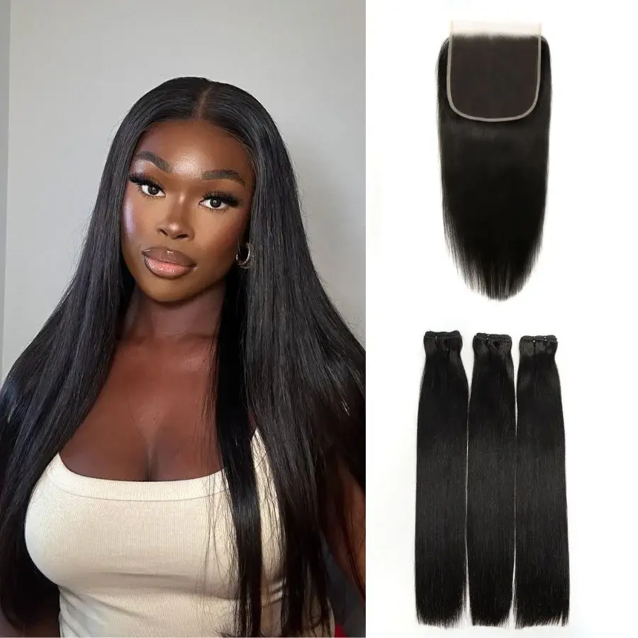 WOWANGEL 5x5 Skinlike Real HD Lace Closure with 3 Bundles Straight Body Wave Human Hair with 5x5 Closure 18 20 22 Real Human Hair Extensions