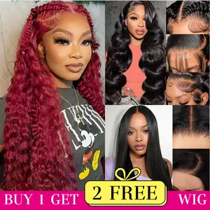 [Combo sale 24"&22"&22"] buy 1 get 2 wig" 24Inch 13x4 Jerry Curly99J Hair Lace Front Wigs + 13x4 22lnch Deep wave Human+ 13x4 22lnch Jerry Curly HairHair Pre Plucked HD Transparent Lace Frontal Human Hair Wigs180% Density Black Fabric Hair Elastic