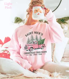 [Made in USA] [Collection For Christmas] Tree Farm Pink Christmas Sweatshirt, Farm Fresh Christmas Sweatshirt, Pink Christmas Sweater, Christmas Sweatshirts Women, Holiday Crewneck, TikTok Shop Viral Gift for Her