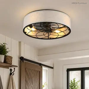 20" Low Profile Fabric Farmhouse Bladeless Ceiling Fan with Remote Control, Round Indoor Ceiling Fanlights, Reversible Motor for Airflow Reversal, Modern LED Ambient Mood Lighting for Living Room Bedroom - Bulbs Not Included, Led Ambient Lighting
