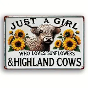 Vintage Highland Cow & Sunflower Pattern Wall Sign, Just a Girl Who Loves Sunflowers & Highland Cows Wall Decor, Wall Art for Home, Bar, Cafe, Garage, Signage, Vintage Metal Sign