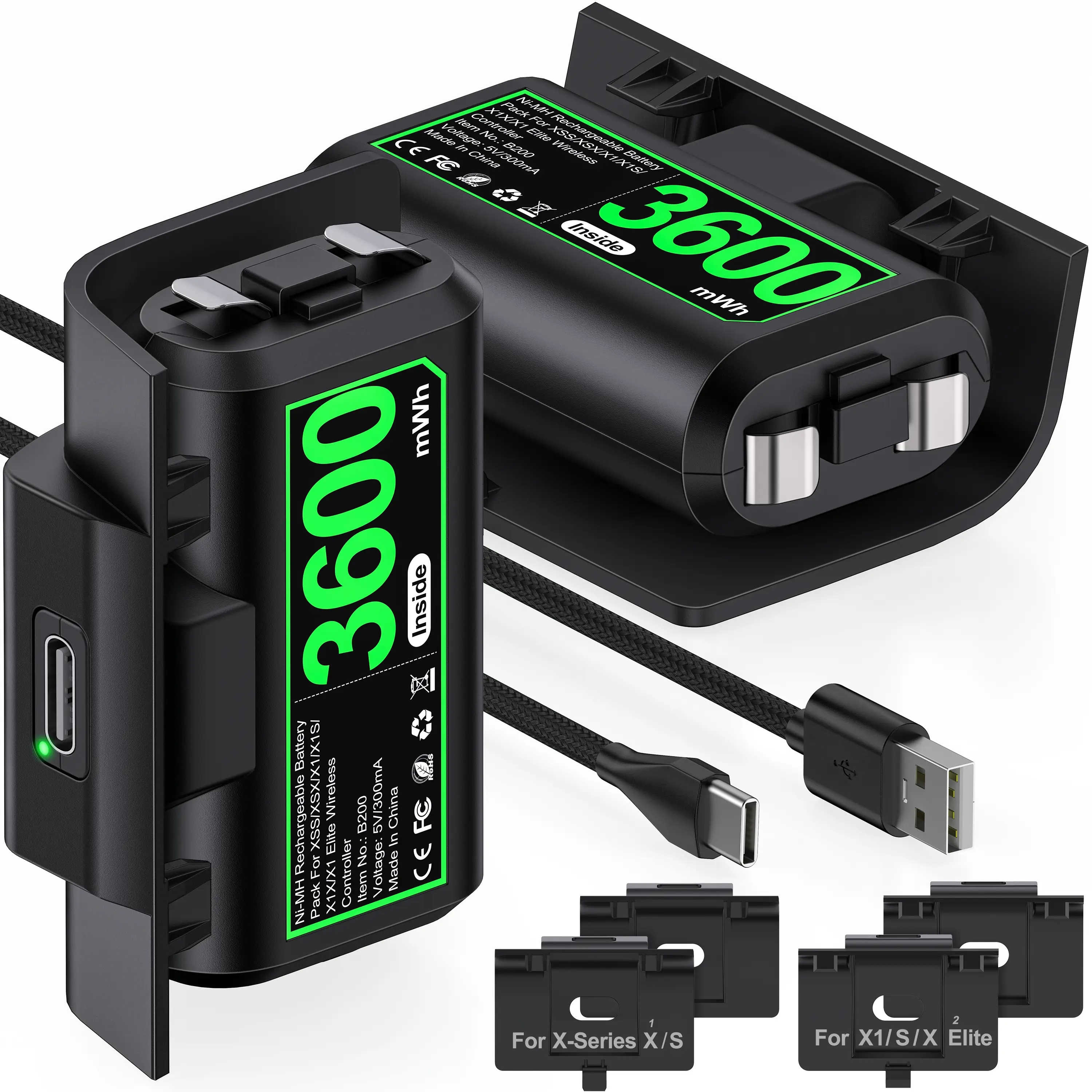 ESYWEN Rechargeable Battery Pack for Xbox One/Elite, 2X3600mWh(1500mAh) Controller Battery Pack for Xbox Series X/S & Controller Cover & USB-C Cable