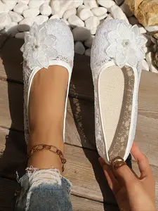 White Lace Floral Pearl Flat Shoes, Casual Flats, Bridal Wedding Shoes for Women Footwear