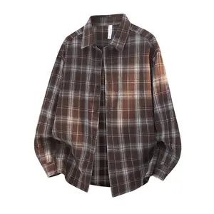 Vintage loose men’s plaid shirt jacket for spring and autumn; unisex long-sleeve top with a high-end feel—versatile and fashionable, featuring a turn-down collar and color-block plaid design, available in multiple colors.