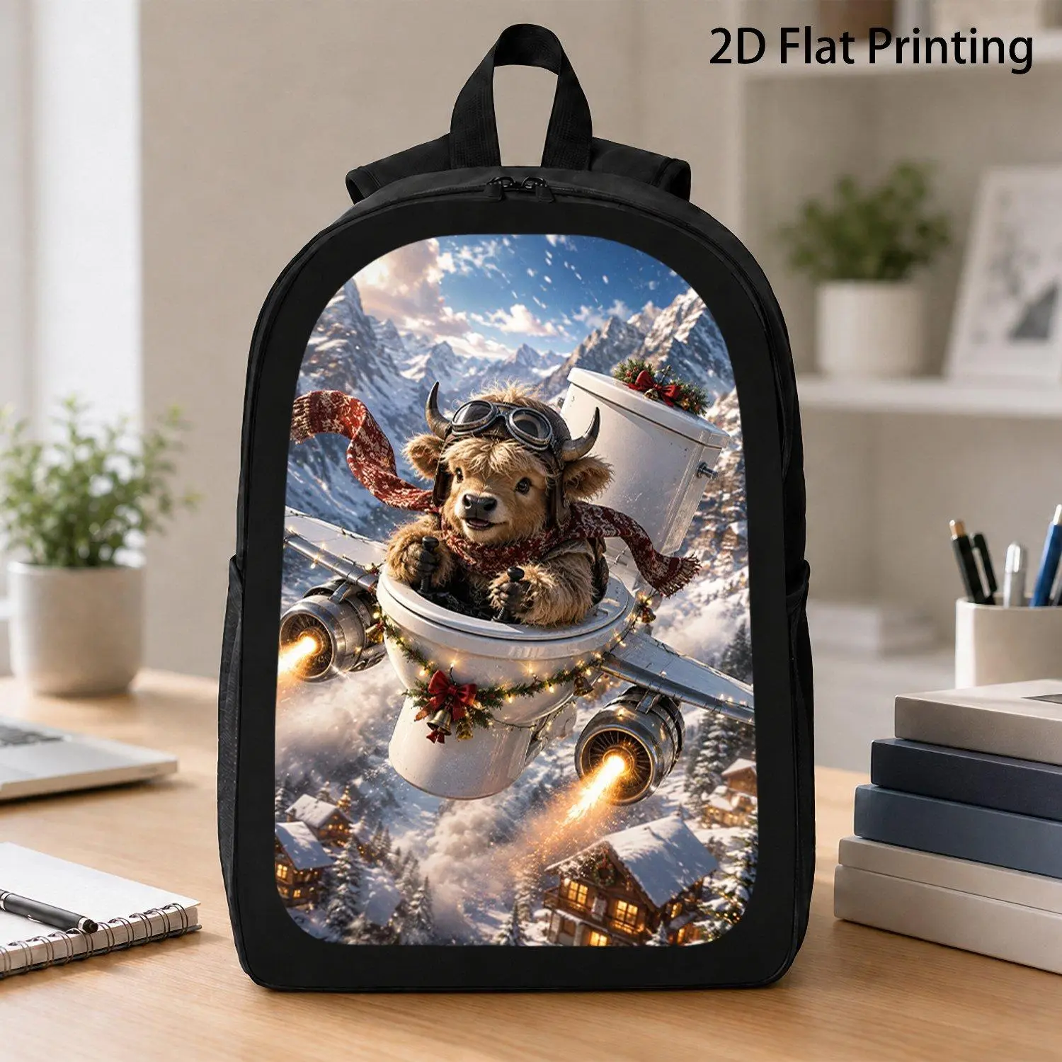 Christmas Winter Graphic Backpack, Pilot Highland Cow With Scarf Piloting Jet Toilet Over Snowy Mountain Village, 2D Flat Print Travel Laptop Rucksack