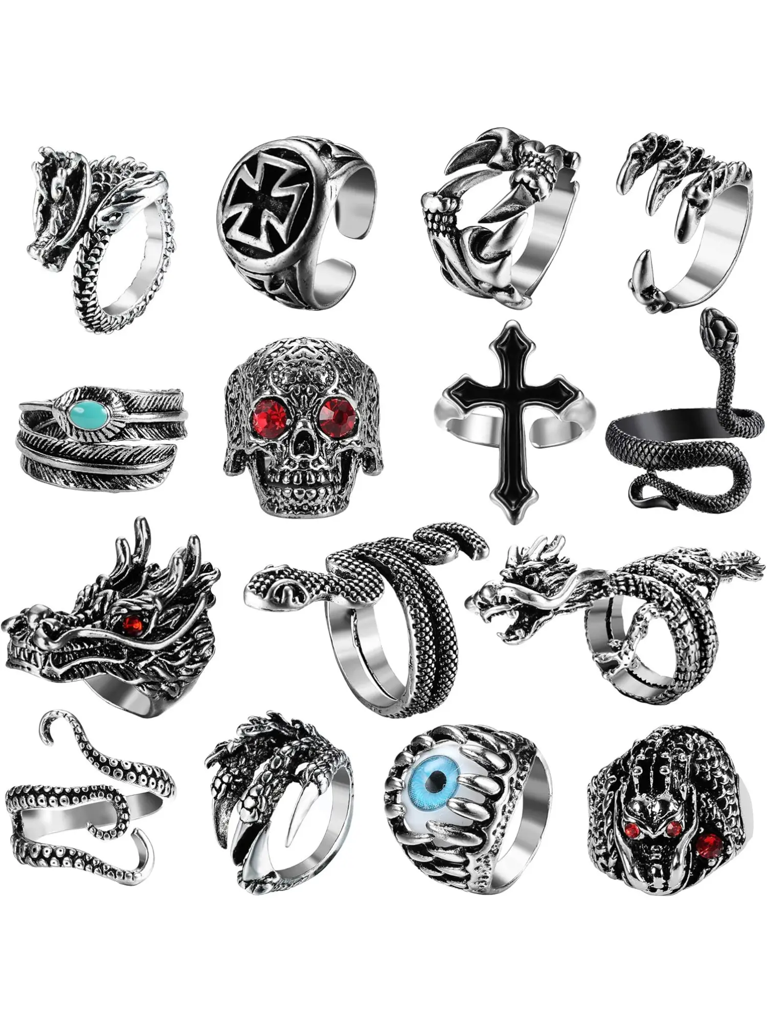 15Pcs Vintage Punk Rings for Men Women Snake Ring Dragon Open Rings Set Knuckle Stacking Ring Boho Finger Rings Trend Jewelry Statement Multi Fashion Stackable Rings Stackable Ring Set