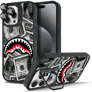 Shark Mouth Casing For iPhone 16 15 14 13 12 11 PRO PLUS MAX Hard TPU Metal Lens Frame Film With Bracket Stand Gift Shockproof Protection Anti-Drop Protective Protector Phone Cases Shell Cover Smartphone Cellphone Magnetic