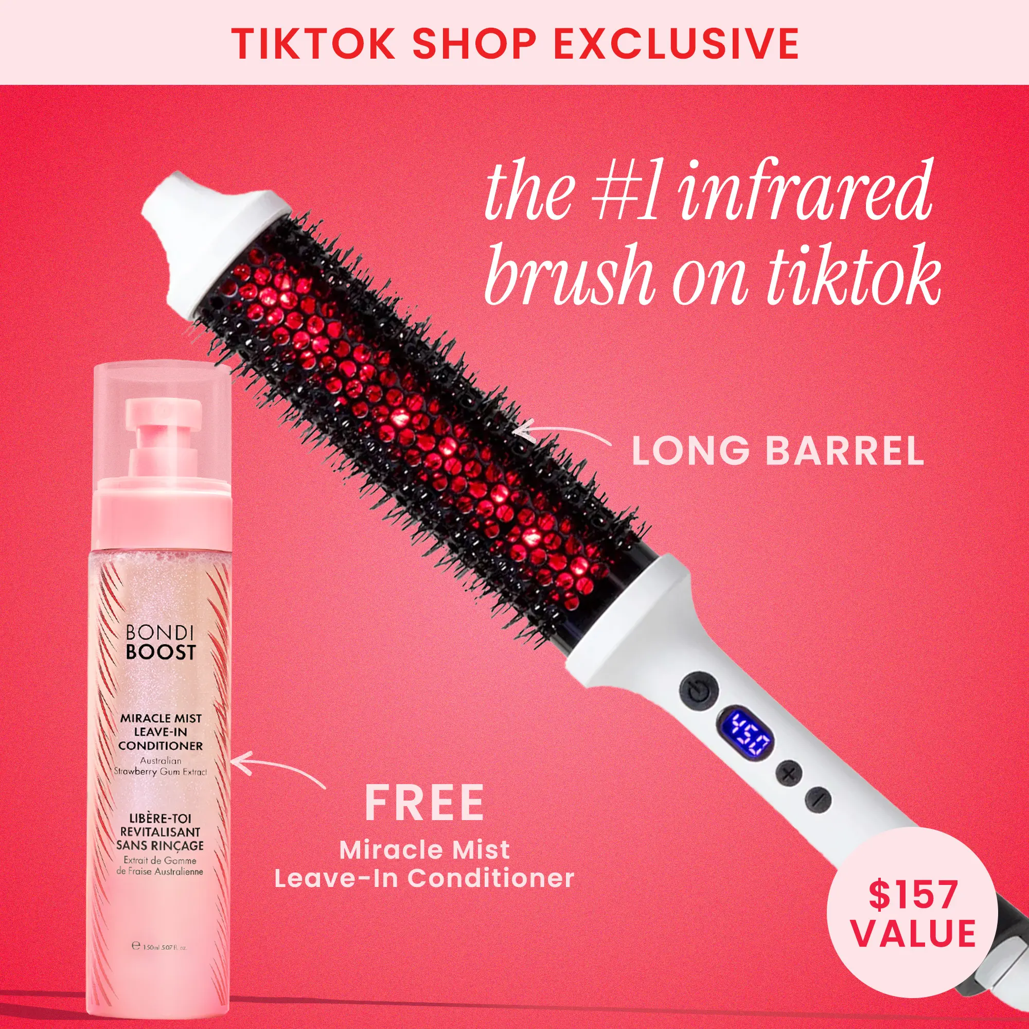 Long Barrel Infrared Thermal Brush & Heat Curler, Frizz-Free Red Light Technology for Less Damage, Extended Barrel for Long Hair, Easy to Use, BondiBoost TikTok Shop Exclusive, FREE Miracle Mist Leave-In Conditioner + Heat Protect