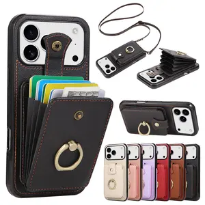 Crossbody suitable for multiple models of iPhone 17 16 15 14 13 12 11Pro Max wallet Protective smartphone case Cover, TPU Smartphone Cover, Accessories, with storage card slot, 360 degree rotating ring holder, anti RFID, shockproof design, gift for women