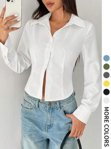 women's plain collared shirt, casual elegant long sleeve button top for daily wear, ladies clothes for all seasons, womenswear