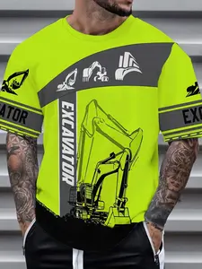 A men's yellow excavator pattern printed T-shirt, Operator, Menswear, casual short-sleeved, made of elastic polyester blend fabric, with machine-printed design, suitable for spring and summer, perfect for outdoor activities