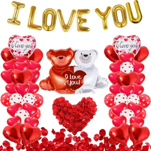 55 Pack Valentine's Day Balloons with 1000 Pack Silk Rose Petals - I LOVE YOU Balloons, Heart Balloons, Love-Bear Balloons for Anniversary Valentine Day, Romantic Decorations Special Night for Bedroom floating  balloons
